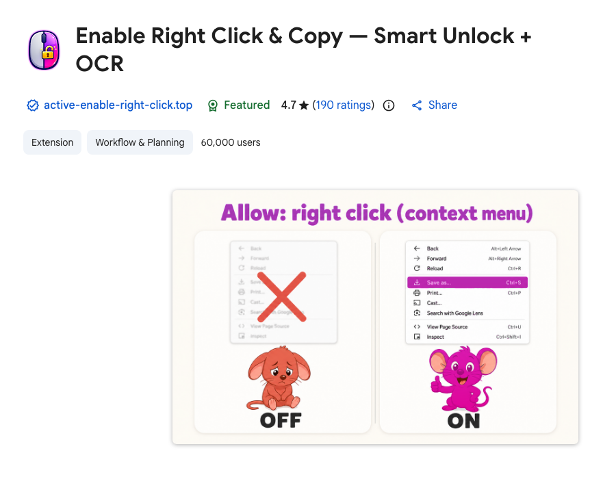 Enable Right Click & Copy on the Chrome Web Store